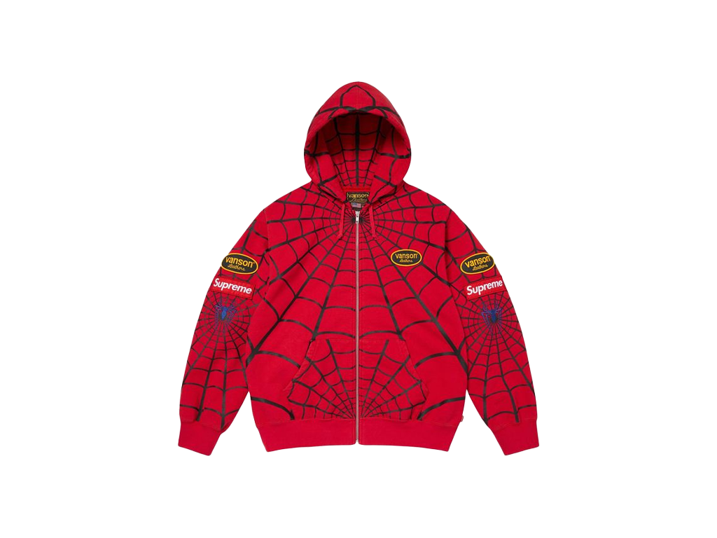 Supreme Vanson Leathers Spider-Man Zip Up Hooded Sweatshirt Red